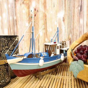 Ebros 18"L Blue Maine Fishing Shrimping Lobster Boat Model with Wood Base Figure