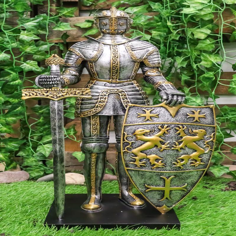 Ebros 21"H Large Medieval Suit Of Armor Knight With Sword And Heraldry Shield Statue