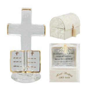 Ebros 22K Gold Plated "Footprints" Cross With Holy Bible Inspirational Hand Sculpted Crystal Glass Art Figurine 2.25"H Collectible In Window Fabric Gift Box