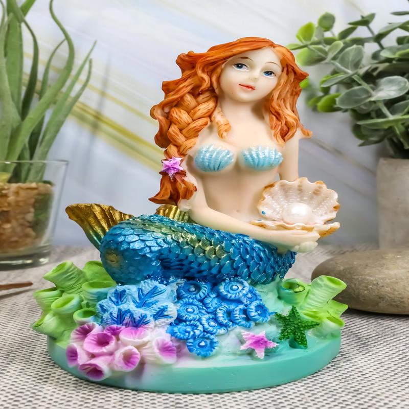 Ebros 4.5" Tall Colorful Nautical Ocean Mermaid Mergirl with Pearl Shell and Blue Tail Sitting On Corals Statue