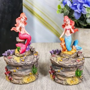 Ebros 4" Tall Blue and Pink Tailed Mermaid Mergirl Sisters Sitting On Coral Rocks Decorative Box Figurine Set of 2
