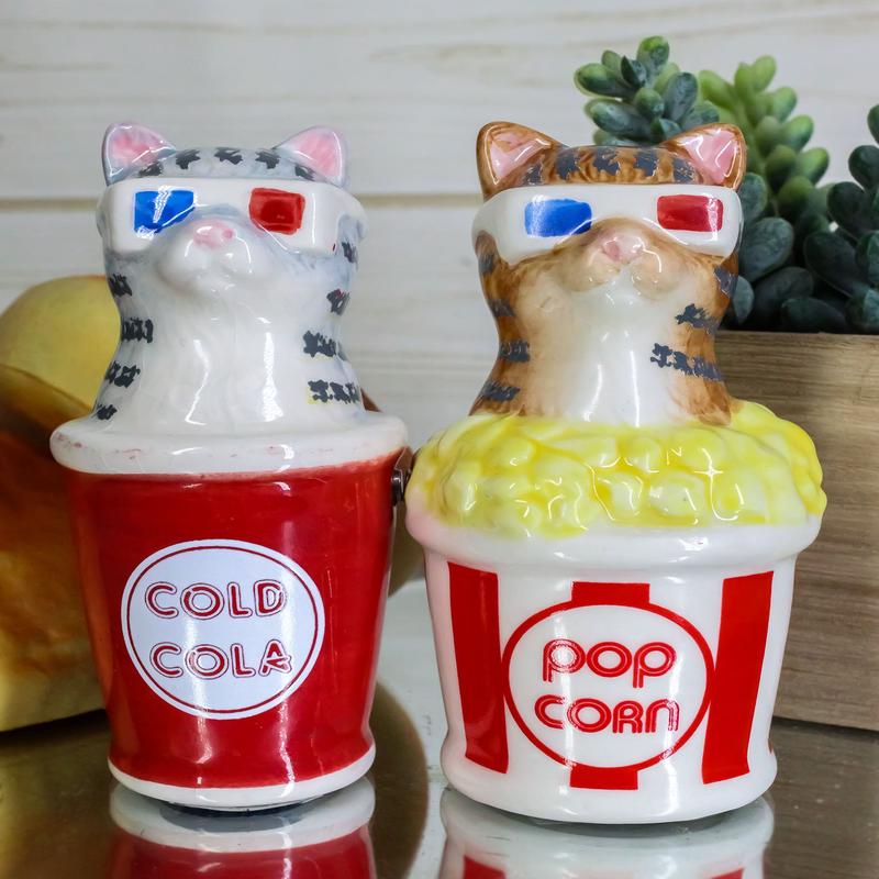 Ebros Cool Cats With Cinema 3D Glasses In Soda Pop Cup Popcorn Tub Salt Pepper Shakers