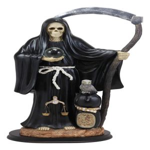 Ebros Gift Large 16.75" Tall Holy Death Santa Muerte Holding Scythe, Glass Globe with Scales of Justice and Owl in Tunic Robe Statue Figurine (White) (BLACK)