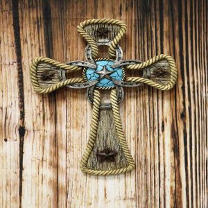 Ebros Gift Rustic Western Stars Turquoise Gem Horseshoe Wall Cross Decor Plaque In Rope Embroidery Outline Finish Hanging Sculpture 12" High Decorative Crosses