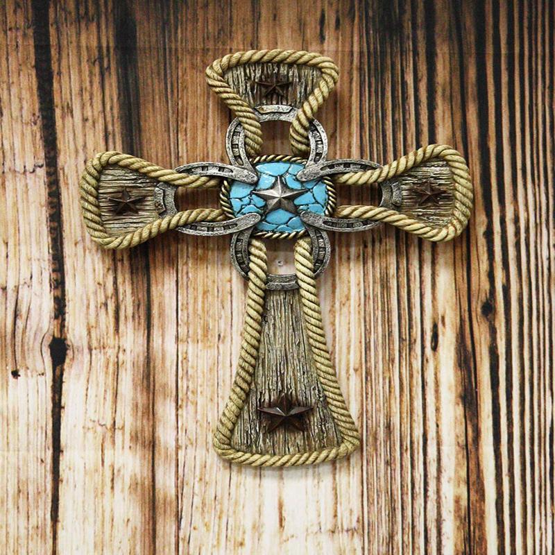 Ebros Gift Rustic Western Stars Turquoise Gem Horseshoe Wall Cross Decor Plaque In Rope Embroidery Outline Finish Hanging Sculpture 12" High Decorative Crosses
