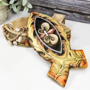 Faux Wood Jesus Fish Ichthys With Fleur De Lis Cross Decorative Trinket Box