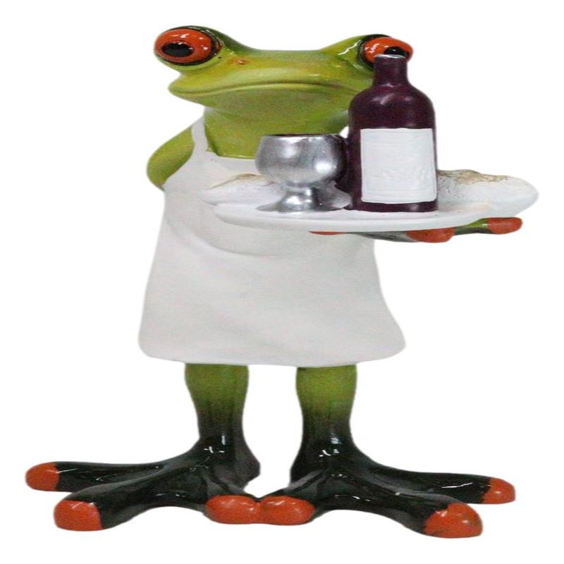 Green Toad Frog Butler Waiter With Wine Glass Bottle And Bread Tray Figurine 6"H