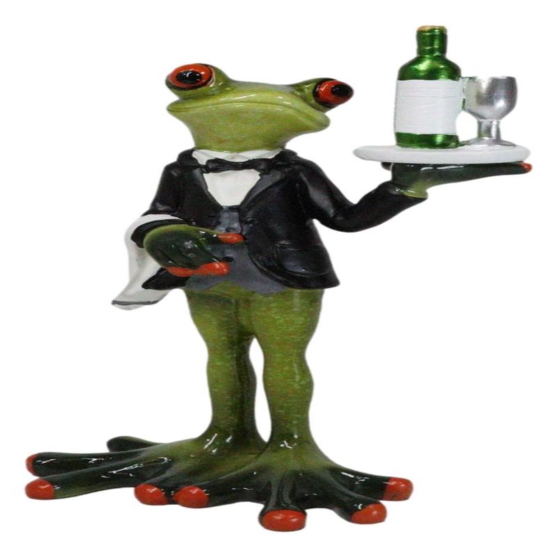 Green Toad Frog Silver Service Butler With Wine Glass And Bottle Figurine 7"H