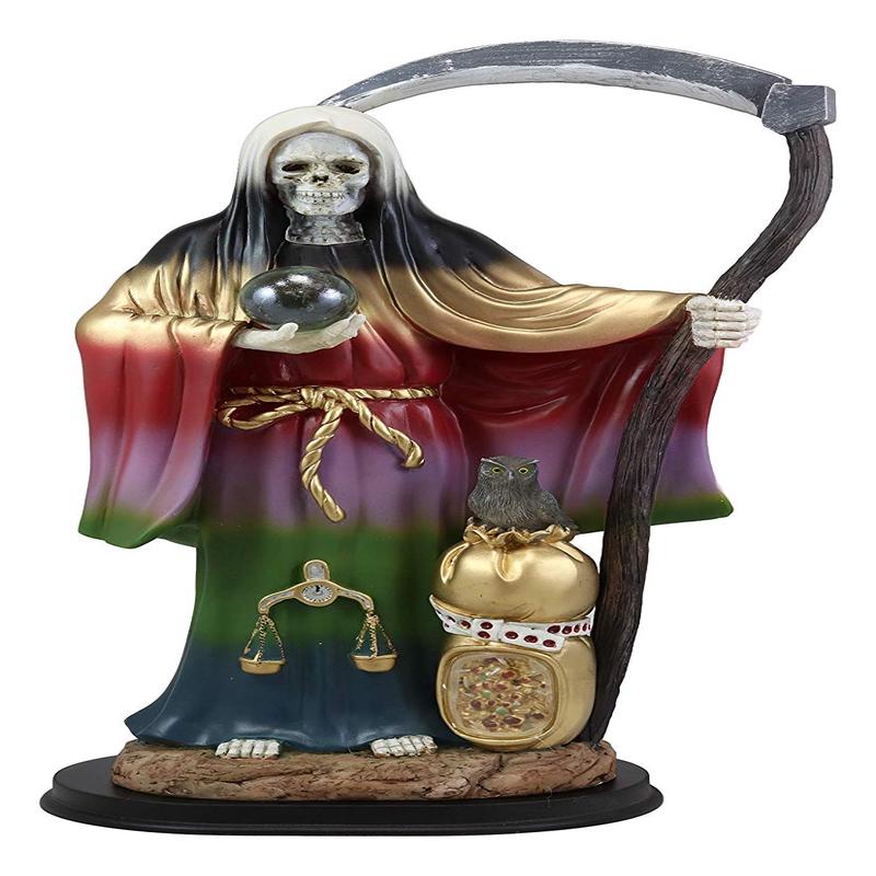 Large 16.75"H Rainbow Holy Death Santa Muerte Holding Scythe Globe W/ Owl Statue