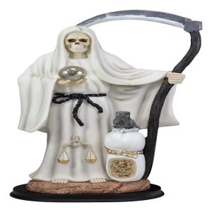 Large 16.75"H White Holy Death Santa Muerte Holding Scythe Globe With Owl Statue