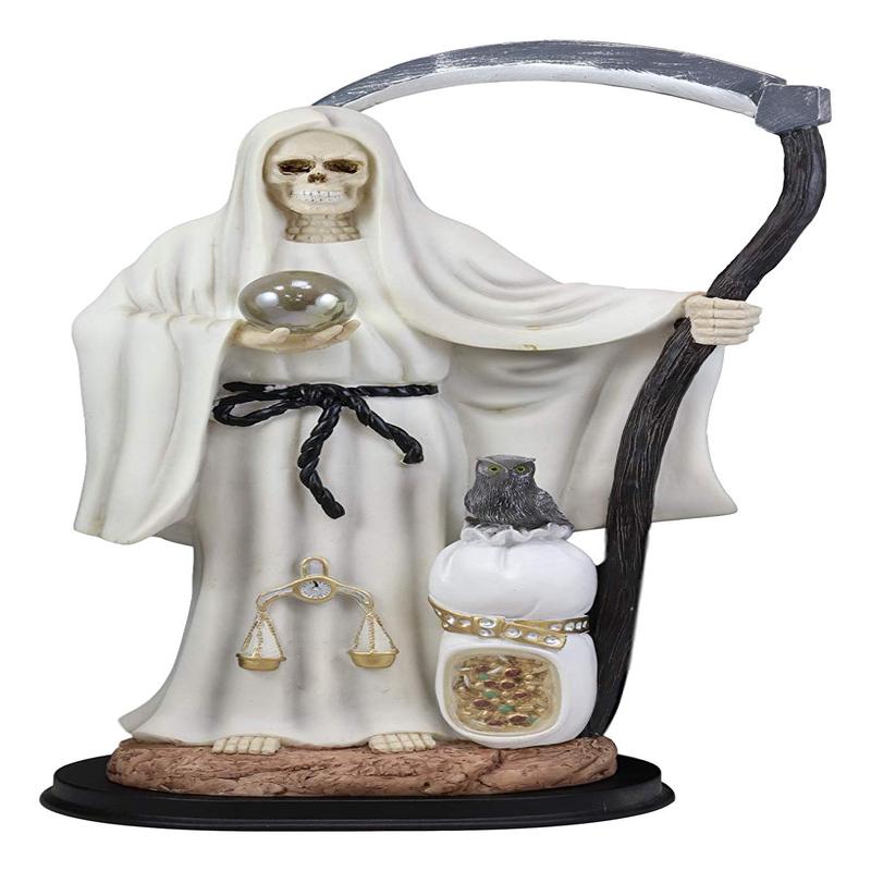 Large 16.75"H White Holy Death Santa Muerte Holding Scythe Globe With Owl Statue