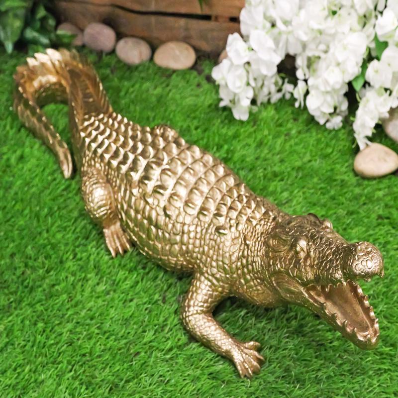 Large 2 Feet Gold Patina Crocodile Baring Jaws and Razor Teeth Garden Statue