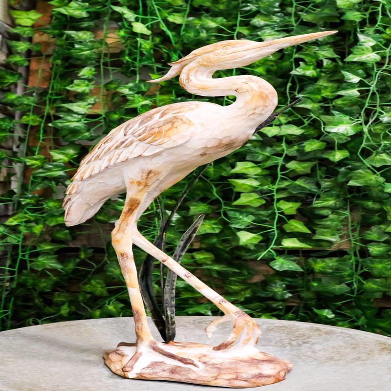 Large Marine Majestic Heron In Reeds Distressed Faux Wood Finish Sculpture 24"H