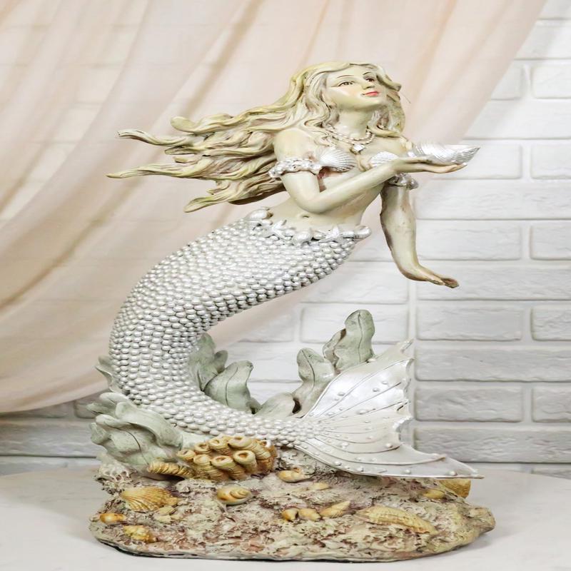 Large Vintage Sea Goddess Mermaid Holding Sconce Standing By Coral Reef Statue