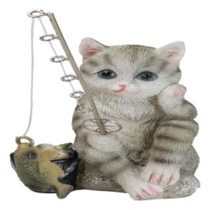 Lifelike Grey Tabby Cat Sitting by Pail of Fishes And Pole Fishing Figurine