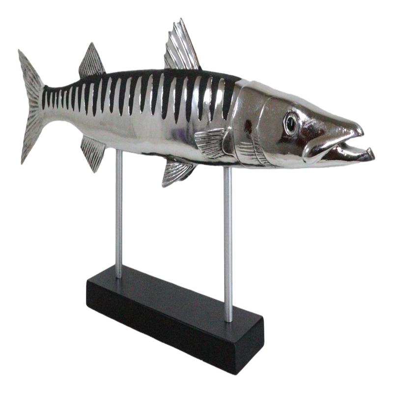 Marine Faux Taxidermy Silver Tone Large Barracuda Fish Sculpture With Pole Stand