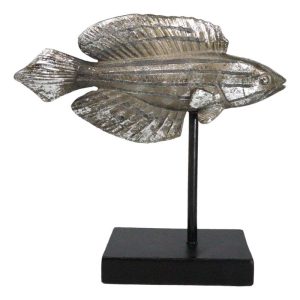 Marine Silver Tone Diamond-Tail Flasher Wrasse Fish Sculpture With Pole Stand