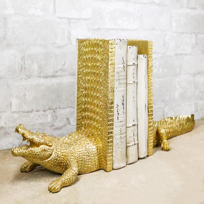 Nautical Marine Faux Gold Crocodile Alligator Head And Tail Bookends Pair Set