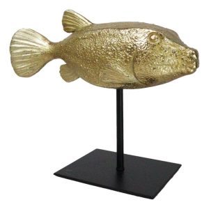 Nautical Marine Gold Tone Yellow Boxfish Fish Sculpture With Museum Pole Stand