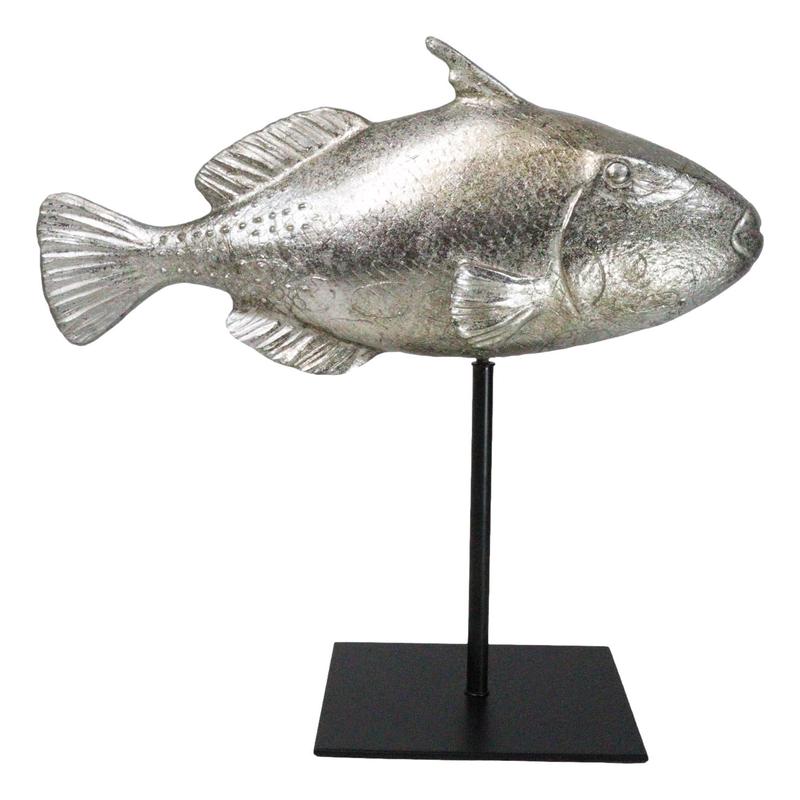 Nautical Marine Silver Tone Clown Triggerfish Fish Sculpture On Metal Pole Stand