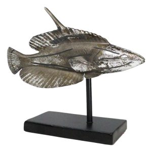 Nautical Marine Silver Tone Lyretail Anthias Fish Sculpture With Pole Stand Base