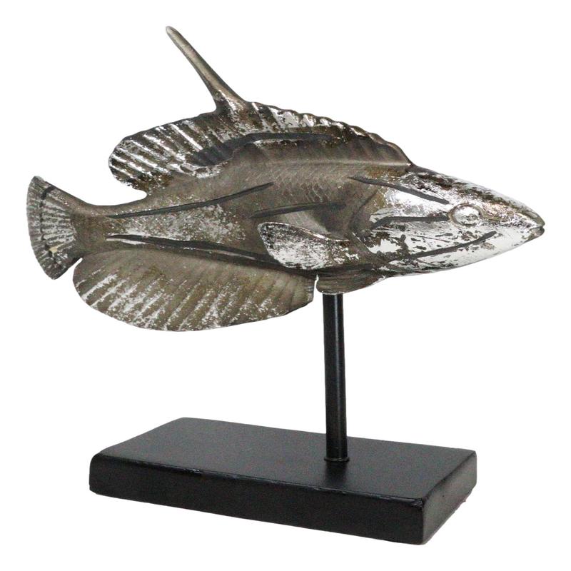 Nautical Marine Silver Tone Lyretail Anthias Fish Sculpture With Pole Stand Base