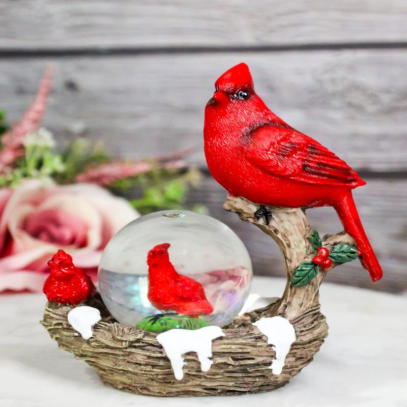 Red Cardinal Bird On Tree Branch Nest With Chicks Water Globe Mini Figurine
