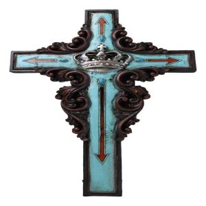 Rustic Faux Wood Turquoise Floral Scrollwork Arrows And King's Crown Wall Cross