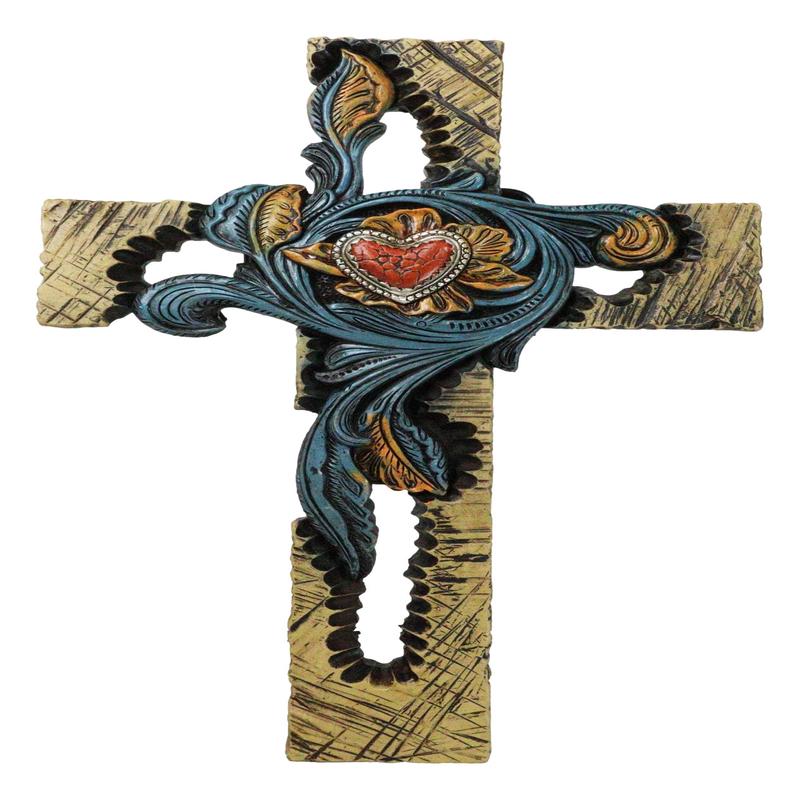 Rustic Southwest Faux Wooden Turquoise Flowers And Red Heart Wall Cross Cutout