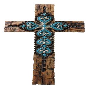 Rustic Southwestern Faux Wooden Turquoise Fleur De Lis Scrollwork Wall Cross