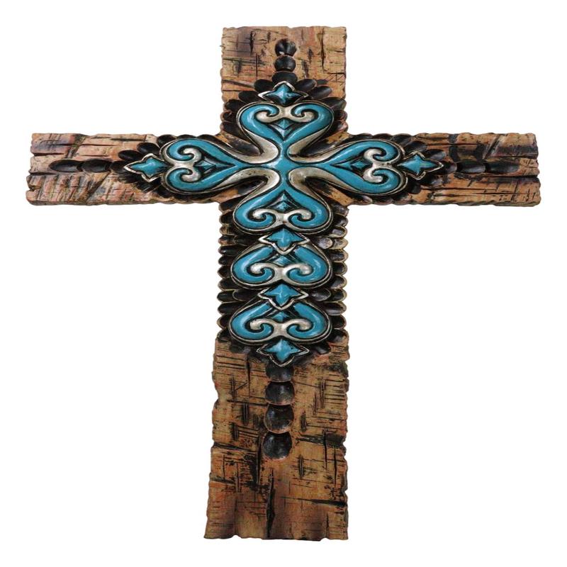 Rustic Southwestern Faux Wooden Turquoise Fleur De Lis Scrollwork Wall Cross