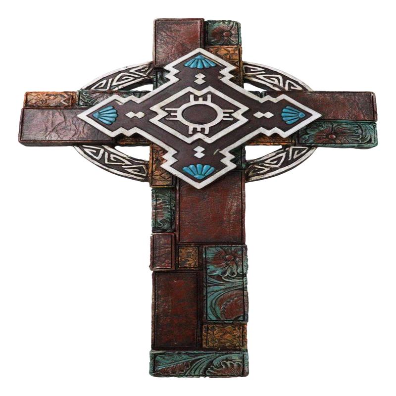 Southwestern Aztec Vector Wheel Trinity Turquoise Floral Faux Leather Wall Cross