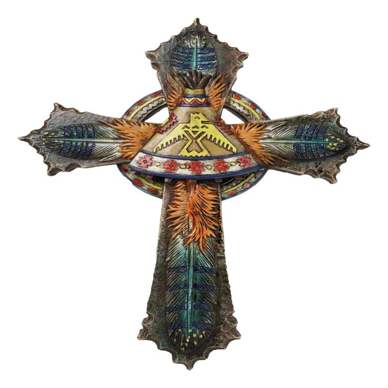 Southwestern Indian Feathers Teepee Sacred Eagle Faux Wooden Rustic Wall Cross