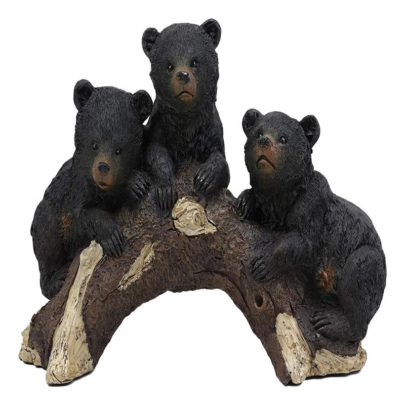 Whimsical Rustic Forest 3 Black Bear Cubs Climbing On Arched Log Statue 12.25"L