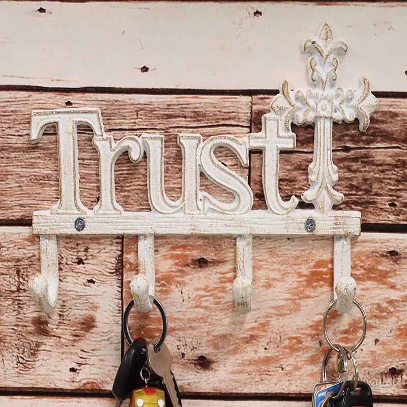 Cast Iron Rustic White Le Fleur Cross with Trust Letters Sign 4 Pegs Wall Hooks
