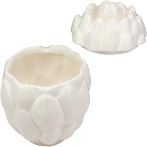Ebros 6"D Ceramic White Artichoke Condiments Container With Lid Dipping Sauce