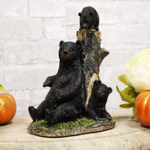 Ebros 7.5"H Rustic Forest Mother Black Bear With 2 Playful Cubs By Tree Stump Statue