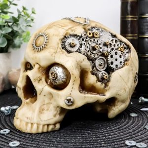 Ebros 7"L Steampunk Three Eyed Sun God Wheel Gearwork Robot Half Jaw Skull Statue 3D