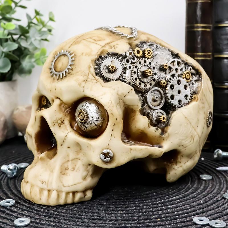 Ebros 7"L Steampunk Three Eyed Sun God Wheel Gearwork Robot Half Jaw Skull Statue 3D