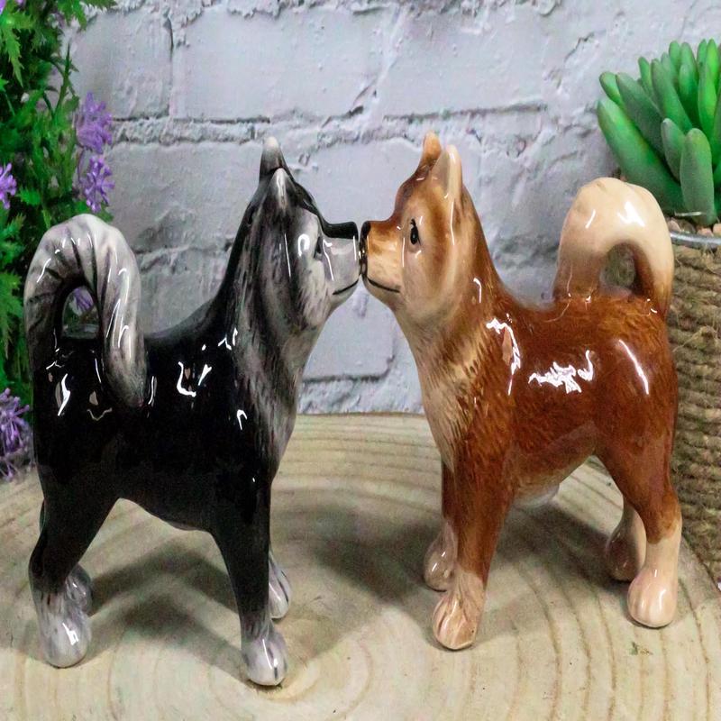 Ebros Animated Dog Siberian Huskies Salt and Pepper Shakers Ceramic Magnetic Figurine Set 4" L Pedigree Dogs Husky Breed Brown and Black Coat Kissing Collectible Figurines Kitchen Decorations