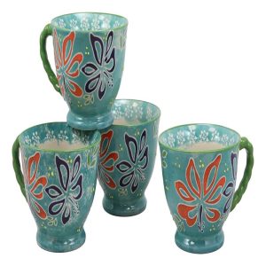 Ebros Colorful Vintage Victorian Style Floral Spring Blossoms Ceramic 14oz Mugs With Comfort Ridged Handle Set of 4 Coffee Tea Drink Cups (Dark Blue)