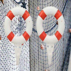 Ebros Gift 6.5"Tall Cast Iron Nautical Coastal Sailor Lifeguard Life Ring Buoy White With Red Stripes Wall Hook (2)