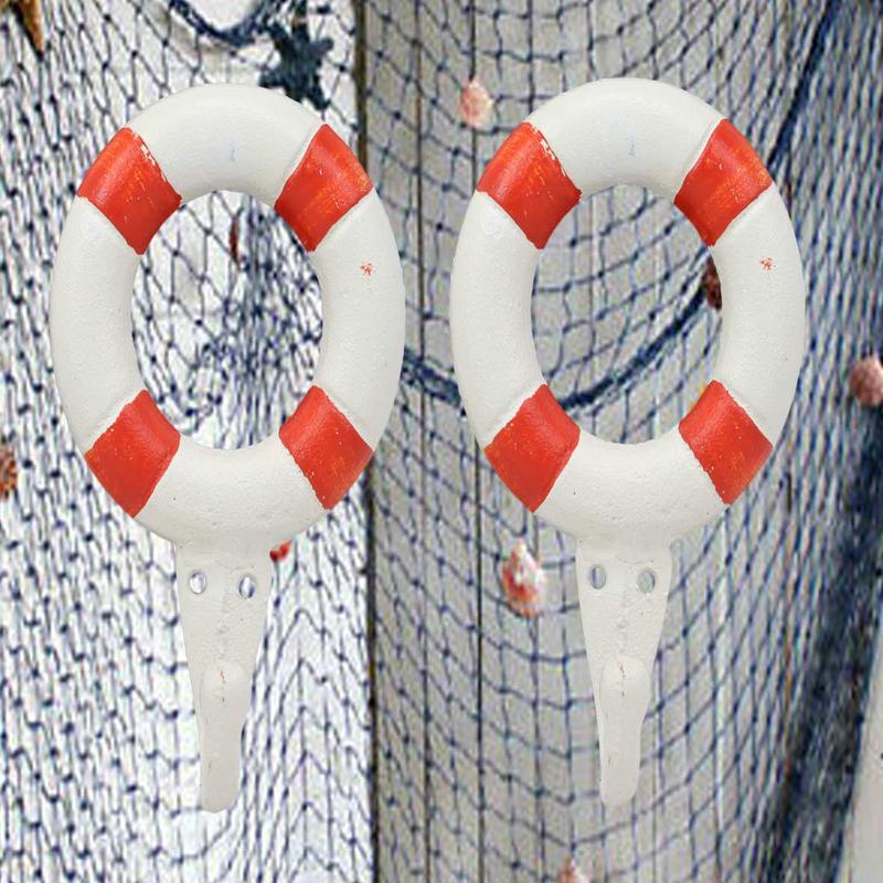 Ebros Gift 6.5"Tall Cast Iron Nautical Coastal Sailor Lifeguard Life Ring Buoy White With Red Stripes Wall Hook (2)
