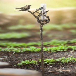 Ebros Gift Aluminum Metal Rustic Bird Perching On Twig Branch By Nest Garden Stake Rain Gauge Outdoors Lawn Yard Decorative Whimsical Cozy Cottage Accent Decor 25.5" Tall