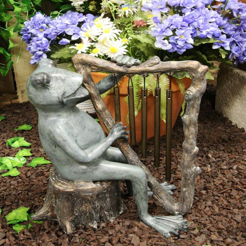 Ebros Gift Pond Paradise Whimsical Green Frog Playing The Harp Tube Resonant Wind Chime Garden Statue 13.25" Tall Patio Home Pool Deck Accent
