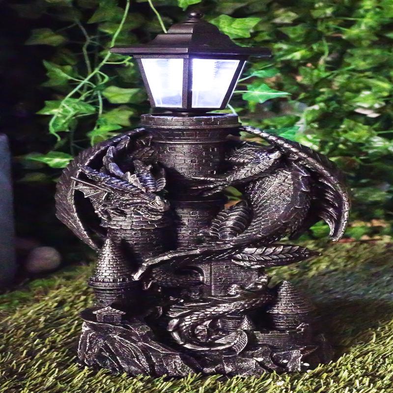 Ebros Mystical Rocky Top Castle Dungeon Guardian Dragon Solar LED Light Lantern Statue