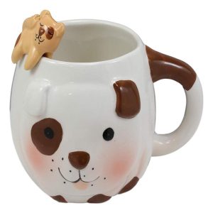 Ebros White And Chocolate Dog Ceramic Coffee Mug With Puppy Latch On Spoon Set