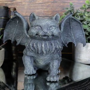 Gothic Vampire Winged Cat Gargoyle With Fangs Raising Paw Candle Holder Statue