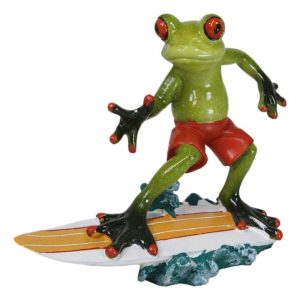Green Surfer Toad Frog in Red Shorts Riding Ocean Waves With Surfboard Figurine