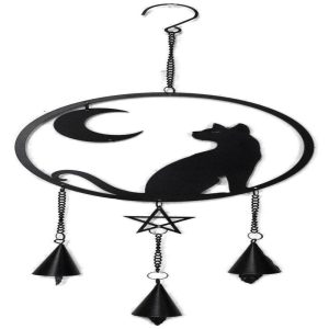 Moon Gazer Black Cat with Crescent Moon Pentagram Wall Hanging Decoration Chime